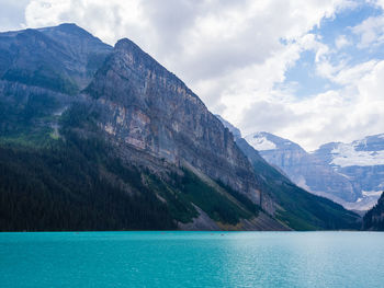 Scenic view of lake louise and mountains against sky