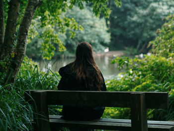 Rear view of woman sitting on bench against trees