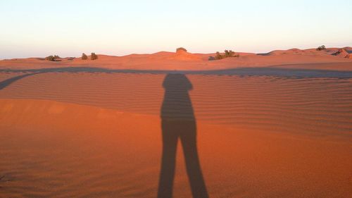 Shadow of man on sand dune