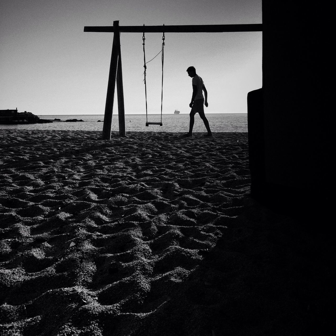 sea, beach, full length, silhouette, lifestyles, leisure activity, water, men, walking, shore, standing, horizon over water, sand, rear view, clear sky, person, childhood, sky