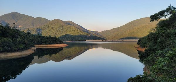 Scenic view of lake and mountains against clear sky