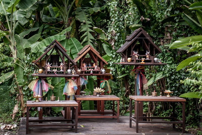 Chairs and table against trees