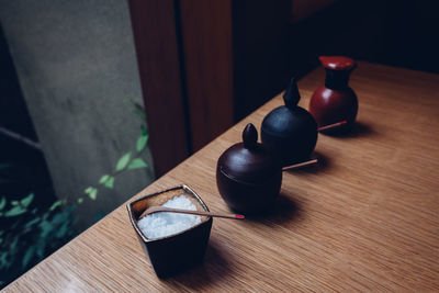 High angle view of drink on table