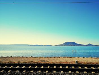 Scenic view of sea against clear blue sky