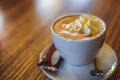 High angle view of coffee on table