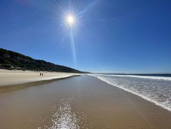 Scenic view of sea against clear sky on sunny day