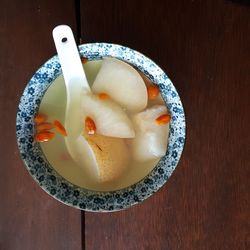 High angle view of breakfast in bowl on table