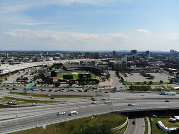 High angle view of cityscape against sky