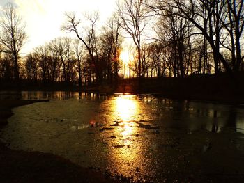 Silhouette bare trees by lake against sky during sunset