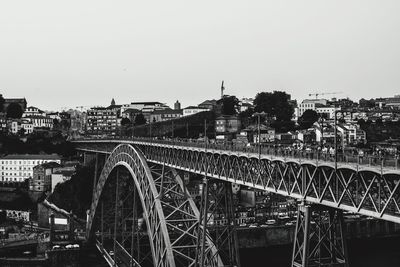 Bridge over river in city against clear sky