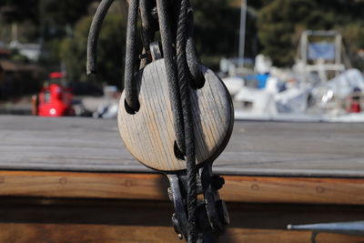 Close-up of rigging on fishing boat on sea