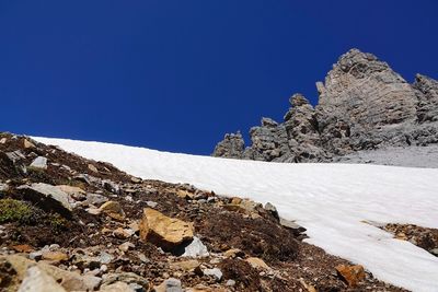 Scenic view of snowcapped mountain against blue sky