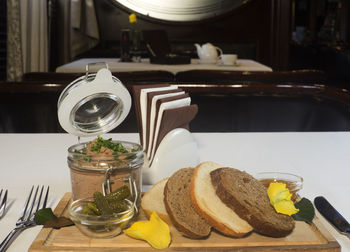 Close-up of breakfast served on table