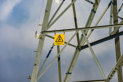 Low angle view of road sign against sky