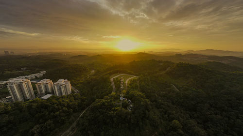 High angle view of landscape against sky during sunset