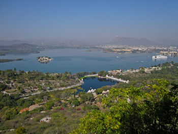 Scenic view of bay against clear sky