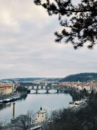 High angle view of cityscape against cloudy sky