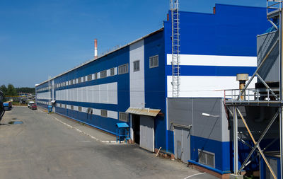 Exterior of factory against clear blue sky