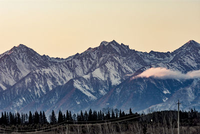 Scenic view of snowcapped mountains against clear sky