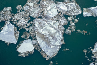 Ice floe floating on river in spring time.