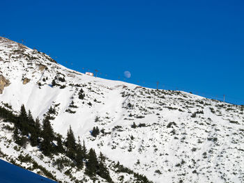 Scenic view of snowcapped mountains against clear blue sky