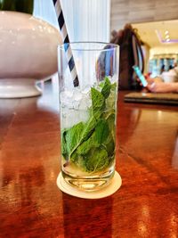 Close-up of beer in glass on table
