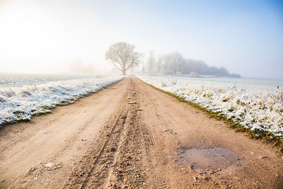 Road amidst trees on field during winter against sky