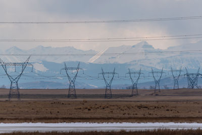 Transmission powerline towers with alberta rocky mountain background