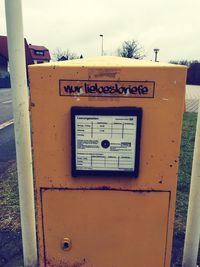 Close-up of information sign