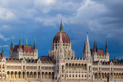 The hungarian parliament in budapest against cloudy sky