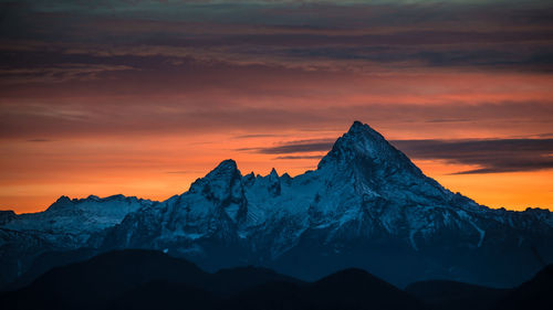 View of snowcapped mountain during sunset