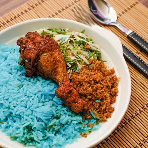 High angle view of food in plate on table