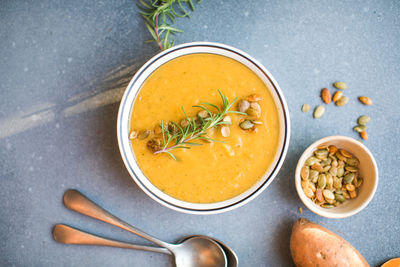 High angle view of soup in bowl on table