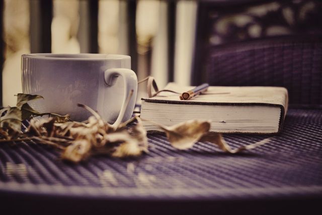 Coffee with dried leaves and book on table | ID: 95709810