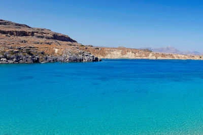 Scenic view of sea against clear blue sky