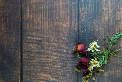 Close-up of red rose on wooden table