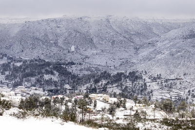 Scenic view of snow covered mountains