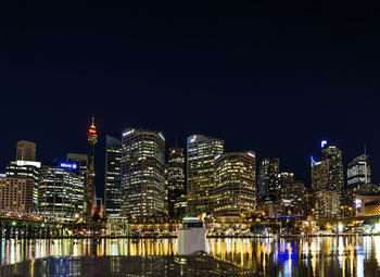 Illuminated buildings against sky at night