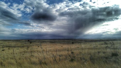 Scenic view of field against cloudy sky