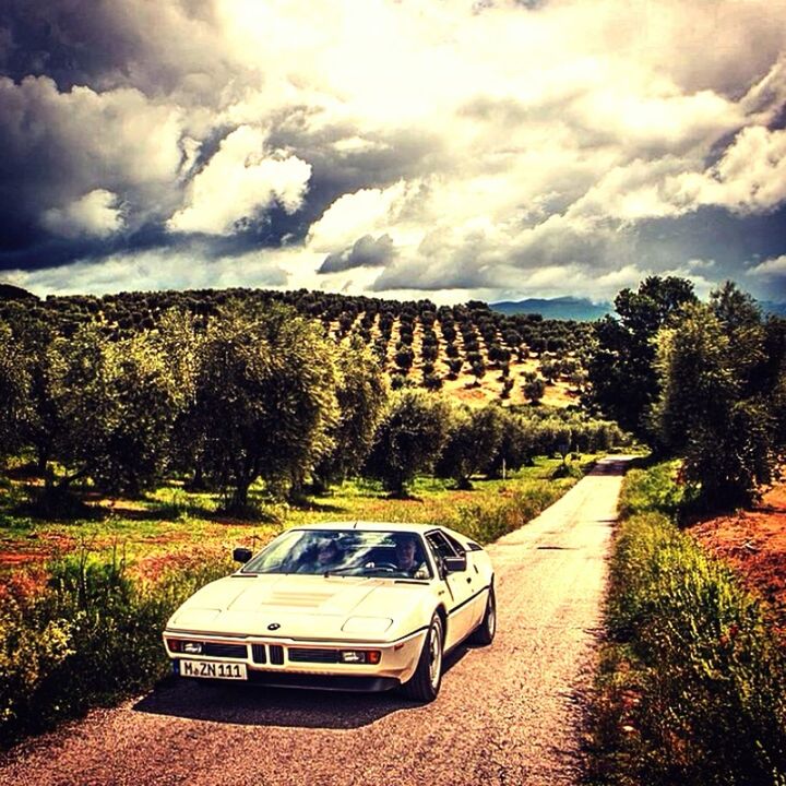 transportation, sky, tree, cloud - sky, mode of transport, car, land vehicle, tranquility, landscape, tranquil scene, cloud, nature, scenics, cloudy, road, beauty in nature, field, growth, the way forward, grass