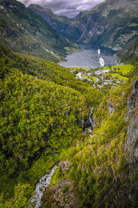High angle view of river amidst trees