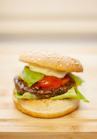 Close-up of burger on table