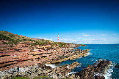 Lighthouse on rocks by sea against blue sky