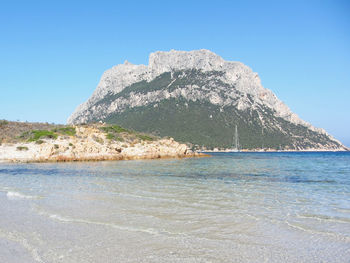 Scenic view of mountain and sea against blue sky