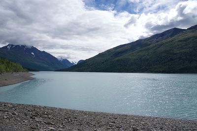 Scenic view of lake and mountains against sky