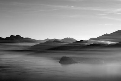 Scenic view of lake and mountains against sky