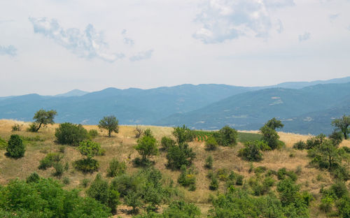 Scenic view of mountains against cloudy sky