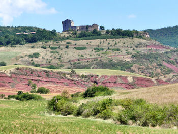 Scenic view of field by buildings against sky