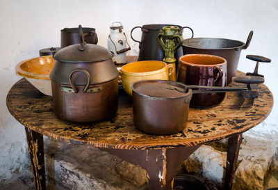 Close-up of utensils on table against wall