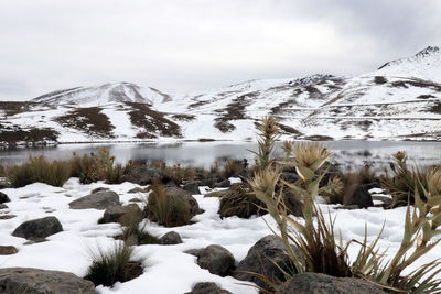 Scenic view of snow covered mountains against sky